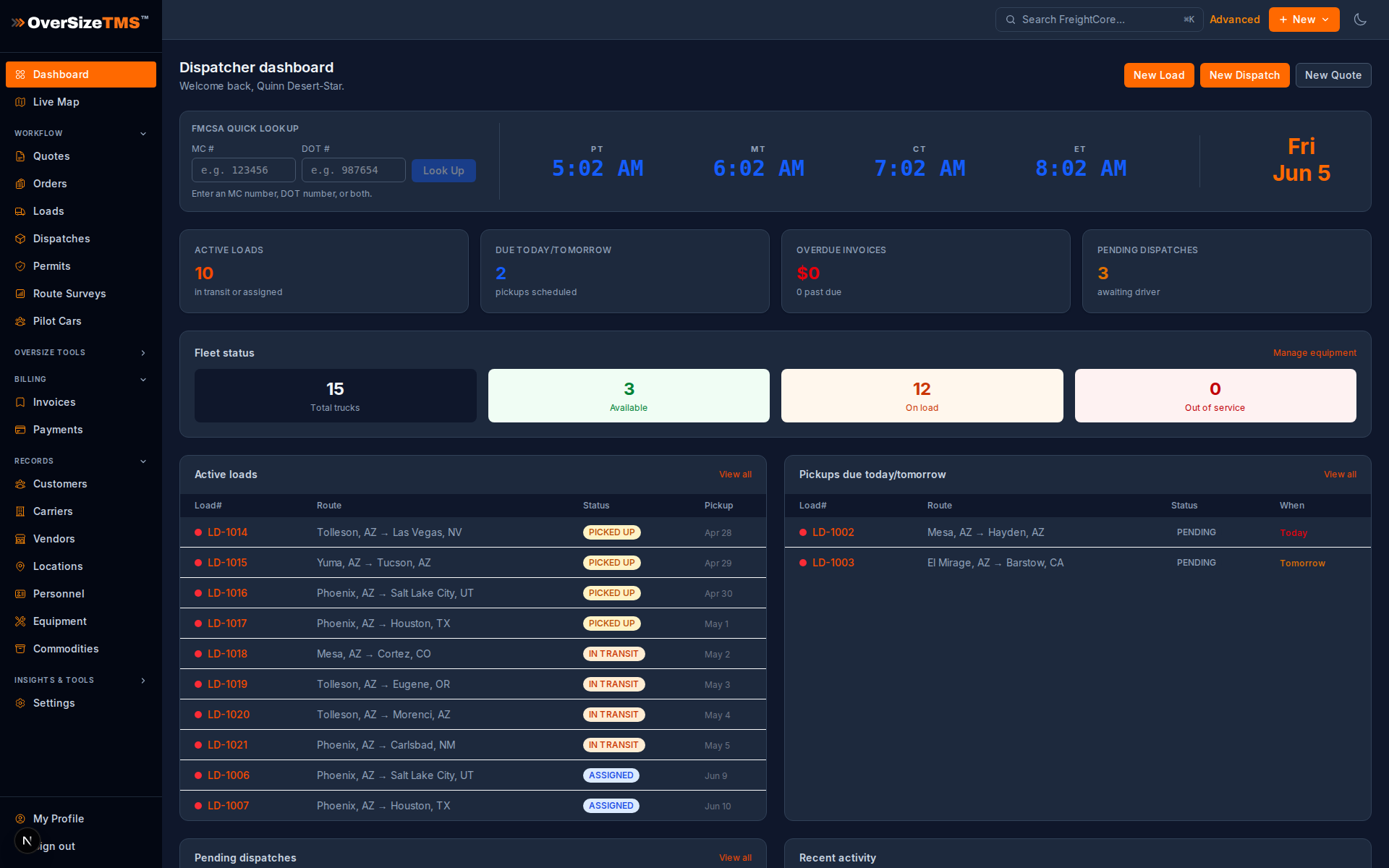 Heavy-haul dispatcher dashboard